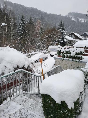 a fence covered in snow in a yard at Birkenstübchen in Lautenthal