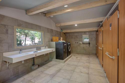 勒格罗-迪鲁瓦Camping Le Grau-du-Roi的一间带水槽和冰箱的大浴室