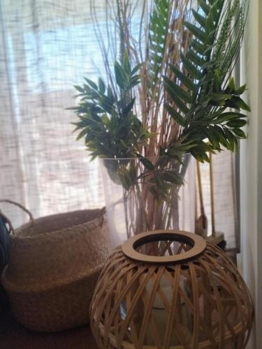 a basket with plants in it next to a window at Villa Elaida in Ermioni