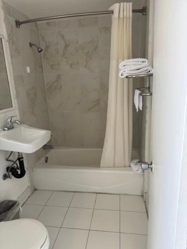 a bathroom with a shower and a toilet and a sink at Holiday Lodge in Los Angeles
