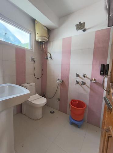 a bathroom with a toilet and a sink at Hotel Purnima Kasol in Kasol