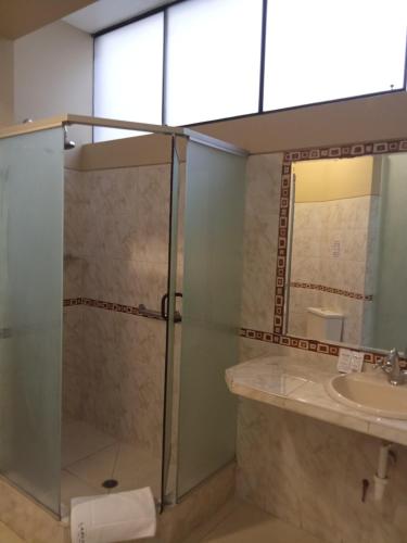 a bathroom with a shower and a sink at Suites Larco 656 Miraflores Lima in Lima