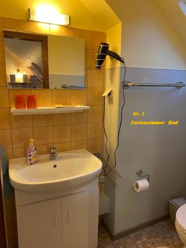 a bathroom with a sink and a mirror at Birkenstübchen in Lautenthal