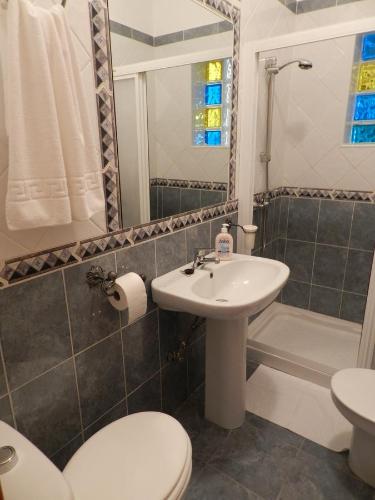 ein Bad mit einem Waschbecken, einem WC und einer Dusche in der Unterkunft Hacienda Doña Lola in Málaga