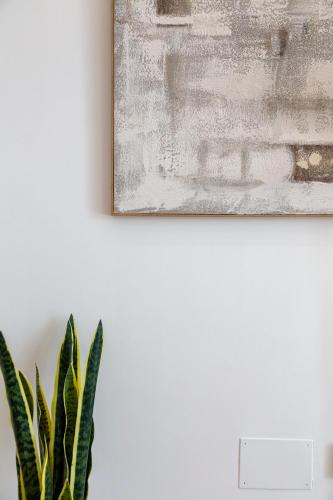 a plant sitting next to a painting on a wall at Casa Descubrimiento - Dúplex Moderno con Jardín a 5 minutos de la Playa de Vera in Vera