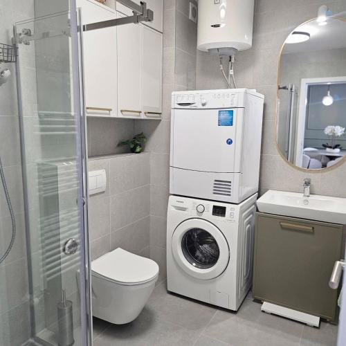 a bathroom with a washing machine and a sink at Apartment Sarajevo Airport1 in Sarajevo