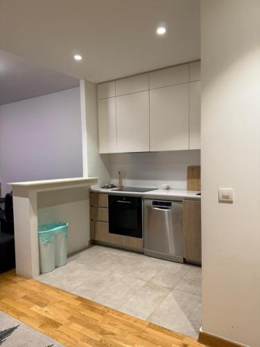 a kitchen with stainless steel appliances and white cabinets at Belgrade Waterfront apartments in Belgrade