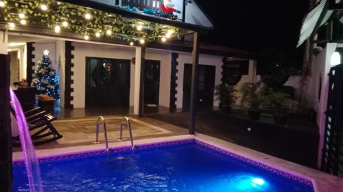 a swimming pool at night with a christmas tree at Casa Chalet San Marcos Neiva in Neiva