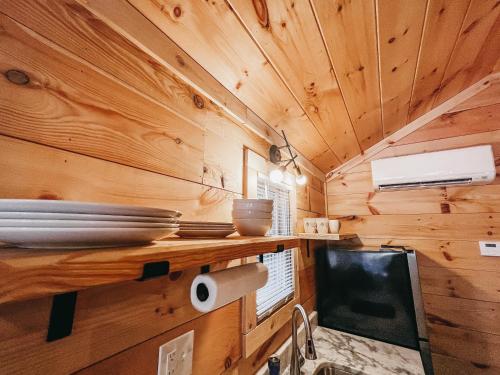 a kitchen in a tiny house with wooden walls at Cabin #1 Studio With Kitchenette in Hartwell