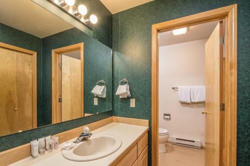 a bathroom with a sink and a mirror and a toilet at Beaverhead Condo | 105 Beaverhead #301 in Big Sky