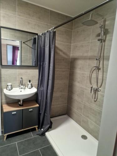 a bathroom with a shower and a sink at Küstenliebe 3 in Bremerhaven