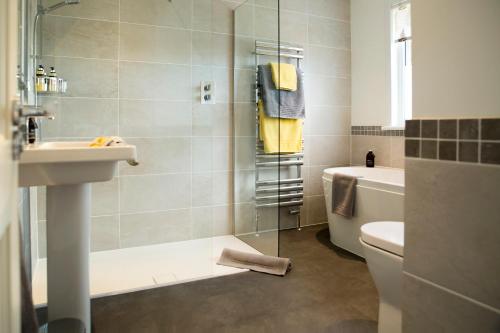 a bathroom with a shower and a sink and a toilet at Loch Cottage in Boat of Garten