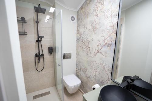 a bathroom with a shower and a toilet at Cincis by the Lake in Cinciş