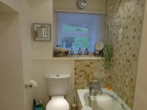 a bathroom with a toilet and a sink and a window at Yr Hen Felin - The Old Mill B&B in Morfa Nefyn