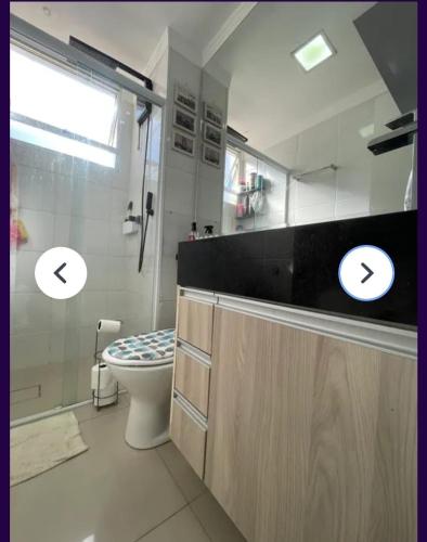 a bathroom with a toilet and a shower and a sink at Apartamento no centro de Hortolândia e a 5 minutos de Sumaré in Hortolândia
