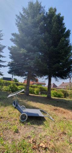 a machine sitting in the grass next to a tree at Apartament w Sercu Gór z ogrodem in Wałbrzych