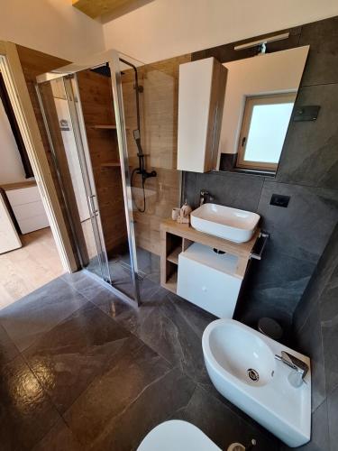a bathroom with a toilet and a sink at Country Life Chalet in Tione di Trento