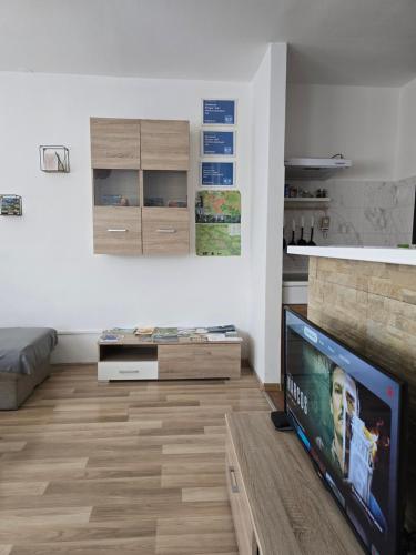 a living room with a large flat screen tv at Apartment Pemper - Self check in and check out in Otočac