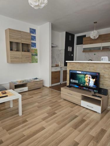 a living room with a flat screen tv and wooden floors at Apartment Pemper - Self check in and check out in Otočac