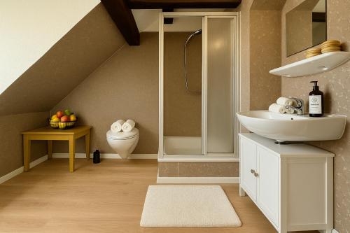 a bathroom with a sink and a shower at STAYS Bodensee Apartments in Stetten