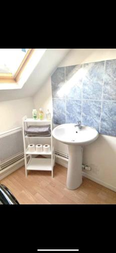 a bathroom with a white sink and a mirror at Le Richelieu 3 chez Adrien in Saint-Quentin