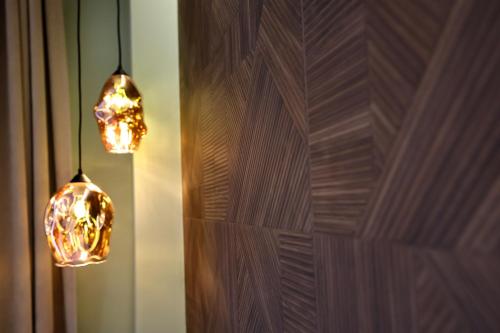 two lights hanging from a wooden wall at The MONT BOUTIQUE HOTEL in Shkodër