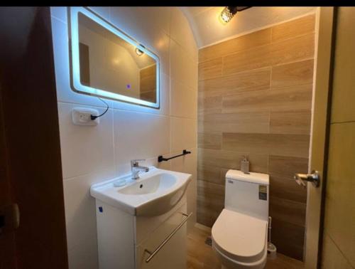 a bathroom with a sink and a toilet and a mirror at Villa Labuena in Punta Cana