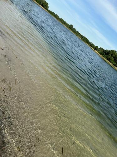 a beach with a body of water and trees at Domek letniskowy 6 osobowy drewniany nad jeziorem Wilczyńskim Świętne in Świętne
