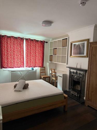 a bedroom with a bed and a fireplace and red curtains at Uxbridge Brunel Uni En-suite Room 2 in Uxbridge