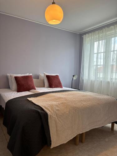 a bedroom with a large bed with red pillows at Bright & Spacious Getaway 