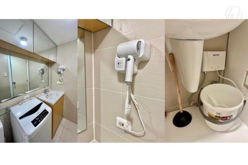 Dos imágenes de un baño con inodoro y lavabo. en Kiyomi - Japandi Style Unit with Stunning Beach View, en San Fernando