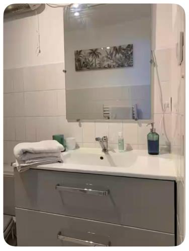a white bathroom with a sink and a mirror at Meublé bord de Mer in Gravelines