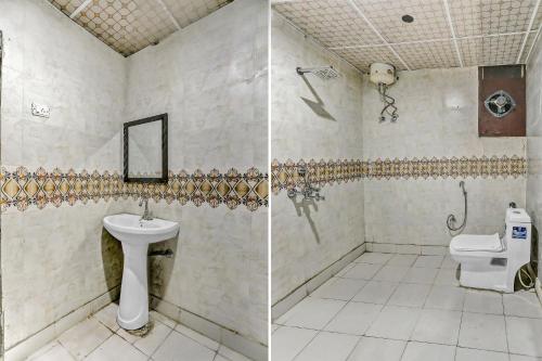 two pictures of a bathroom with a sink and a toilet at Collection O AP Grand in Noida