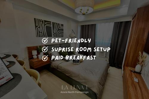 a bedroom with a bed with a room sign on it at Studio for Couples with Mt Arayat View with Netflix, Karaoke & Boardgames in San Fernando