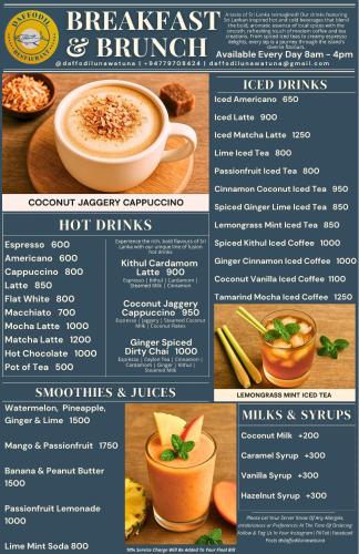 a flyer for a coffee shop with a cup of coffee at Daffodil Restaurant & Holiday Resort in Unawatuna