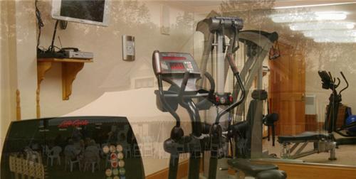 a room with a gym with a bed and a treadmill at Breezy Hill Inn in Fleischmanns