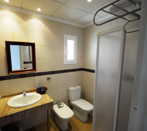 a bathroom with a sink and a toilet and a mirror at Hotel Ampolla Sol in L'Ampolla