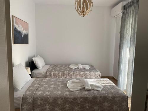 una stanza con due letti e un lampadario di Anesi Vista Apartment a Vassiliki