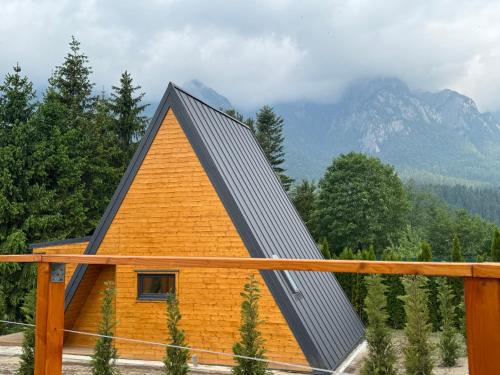 a house with a gambrel roof with mountains in the background at A-Frame Valley in Buşteni