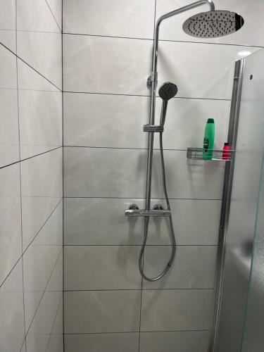 a shower with a shower head in a bathroom at Apartmán PASOMA in Levoča