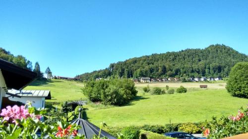 a green field with a mountain in the background at Hotel Restaurant Neu Meran in Bad Reichenhall
