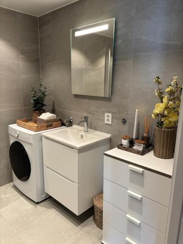 a bathroom with a washing machine and a sink at New Aptartment Ocean View Central in Tromsø