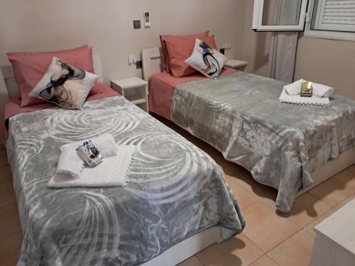 two beds sitting next to each other in a room at Villa Nicole in Katarrákhion