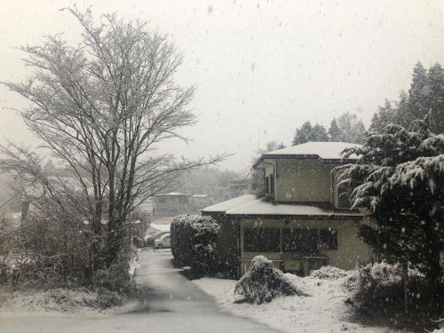 a snow covered yard with a house on a street at Ondolphin in Narusawa
