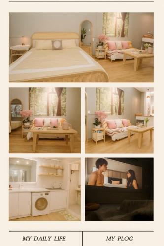 a collage of four pictures of a bedroom at Na's Homestay Hải Phòng in Hai Phong