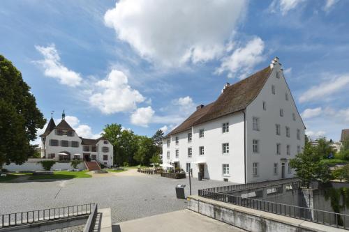 ein großes weißes Gebäude mit einem Dach in der Unterkunft Hotel im Schlosspark in Basel