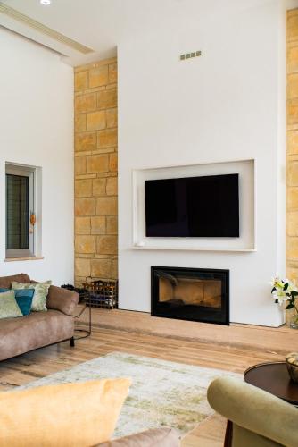 a living room with a fireplace and a flat screen tv at Goudi Residence in Goudhi