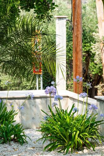 a garden with purple flowers and a stone wall at Goudi Residence in Goudhi
