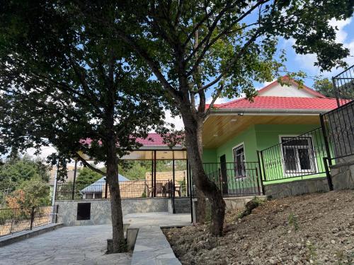a green house with a tree in front of it at Трехкомнатный дом в Пиргулу in Avaxıl