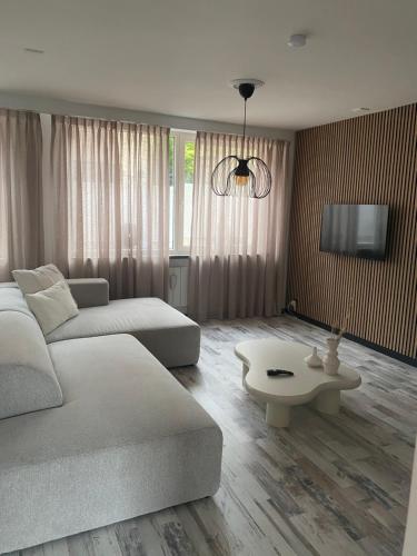 a living room with a couch and a table at Aan de Plenkert in Valkenburg
